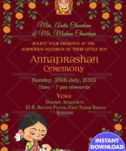 Red Theme First Rice Ceremony Invitation Card With Marigold Flower Decoration
