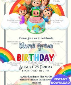 Coco Melon Theme 1st Birthday Invitation Card Rainbow Family