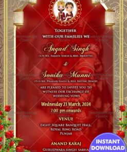 Red Roses Punjabi Wedding Invitation Cartoon Couple