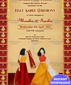 Traditional Sisters Half Saree Ceremony Invitation Card Cream Theme