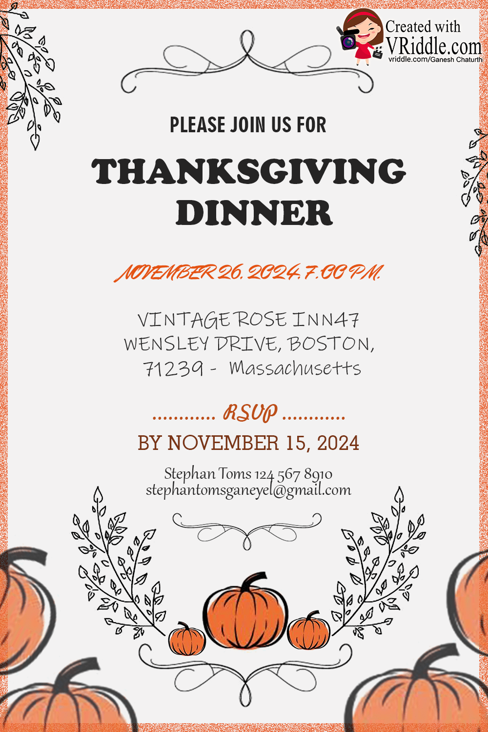 White Theme Thanksgiving Meal Invitation Card Orange Pumpkin - Image 2