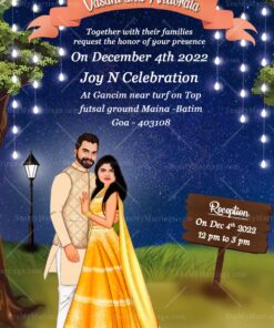 Blue Theme Wedding Invitation Card Caricature Under Tree