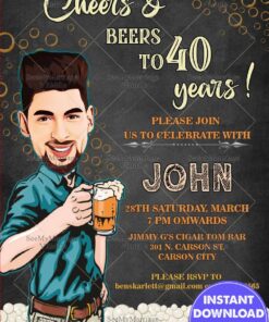 Caricature 40th Birthday Invitation Card Cheers To Life Theme