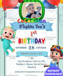 Coco Melon Theme 1st Birthday Invitation Card Baby Photo
