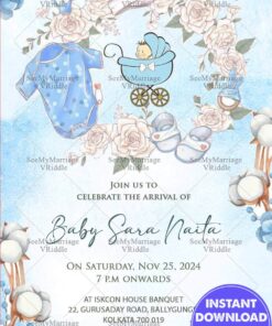 Cute Floral Baby Welcome Invitation Card Blue Theme