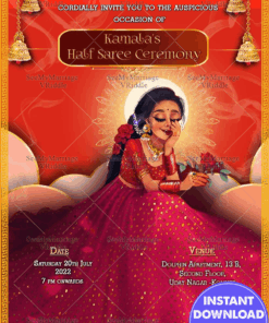 Shy Girl Half Saree Ceremony Invitation With Golden Hanging Bell In Red Theme