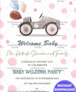 Vintage Car Theme Baby Welcome Invitation Card