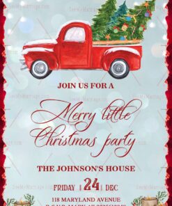 White Theme Christmas Invitation Pine Tree Red Car