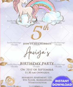 White Unicorn Theme 5th Birthday Invitation Card