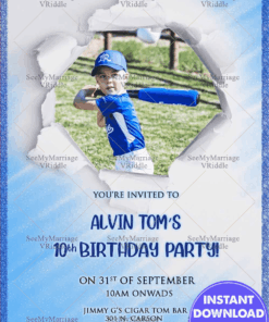 Baseball Theme 10th Birthday Invitation Card Blue Colour