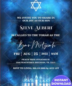 Electric Blue Bar Mitzvah Invitation Card Menohra Light
