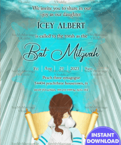 Heavenly Blue Synagogue Theme Bat Mitzvah Invitation Card