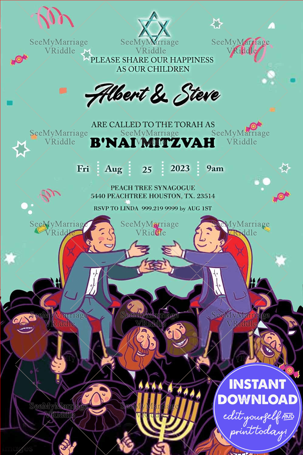 Jewish Horah B'nai Mitzvah Invitation Card Green theme