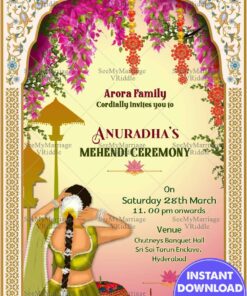 Grand Mehandi Ceremony Invitation Card Umbrella Rajputana Archway