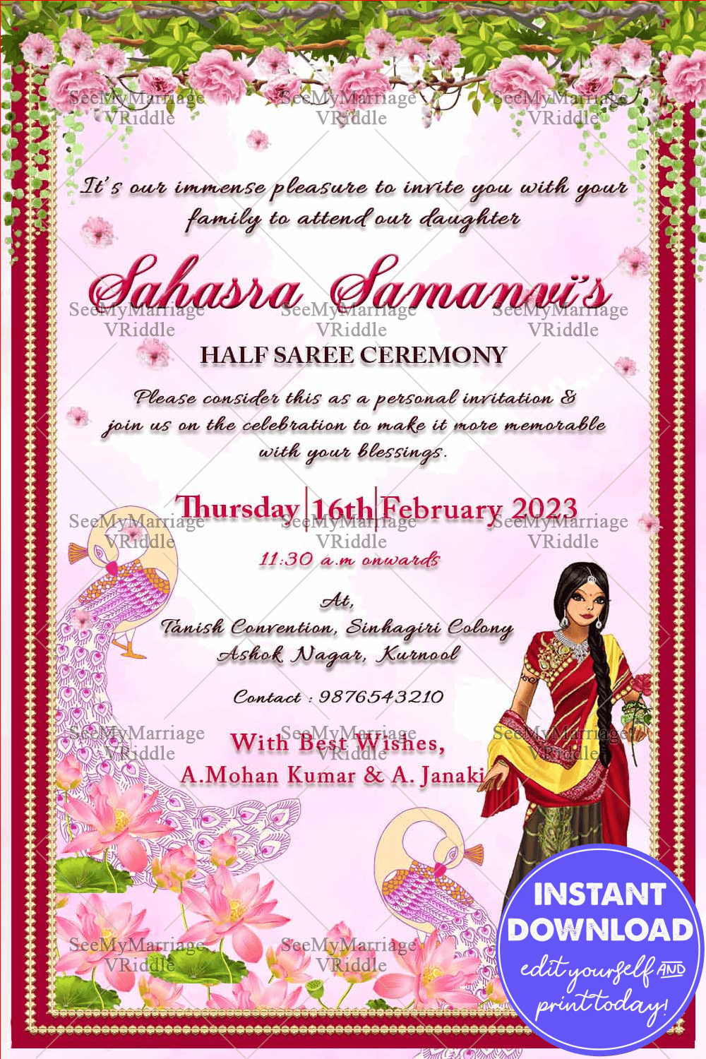 Pink Floral Half Saree Ceremony Invitation Card Peacock Decor - Image 2