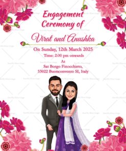 Pink Caricature Style Engagement Invitation Card Roses Floral