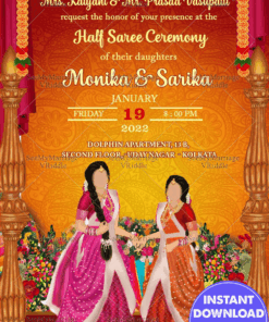 Two Sisters Half Saree Ceremony Invitation Card Golden Traditions