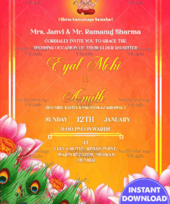 Orange Traditional Wedding Invitation Card Pink Floral Peacock Feather