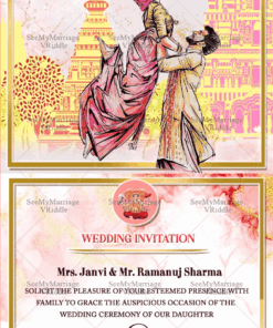 Pink Temple Sketch Wedding Invitation Card Romantic Bridal Couple