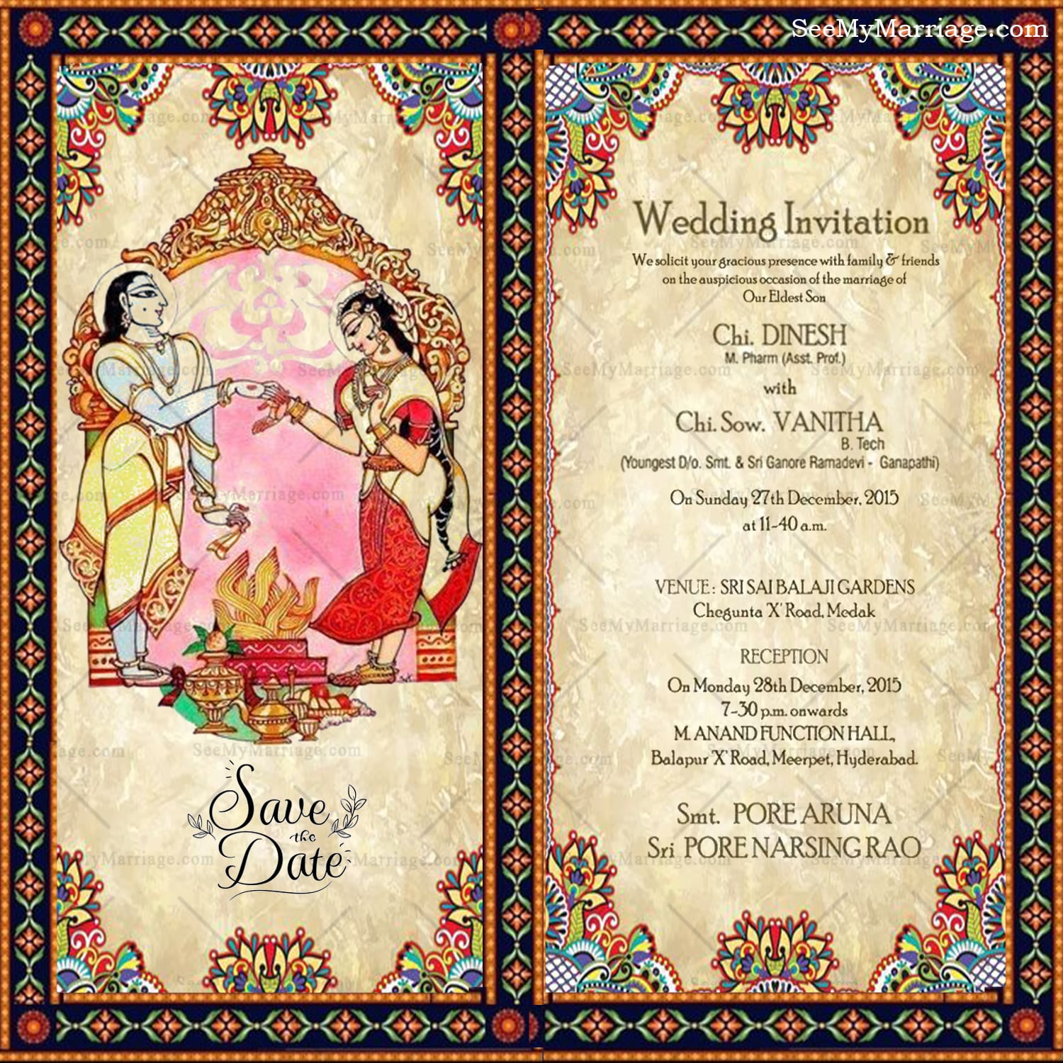 Vintage Radha Krishna Wedding Invitation Card Bapu Bomma Art - Image 2