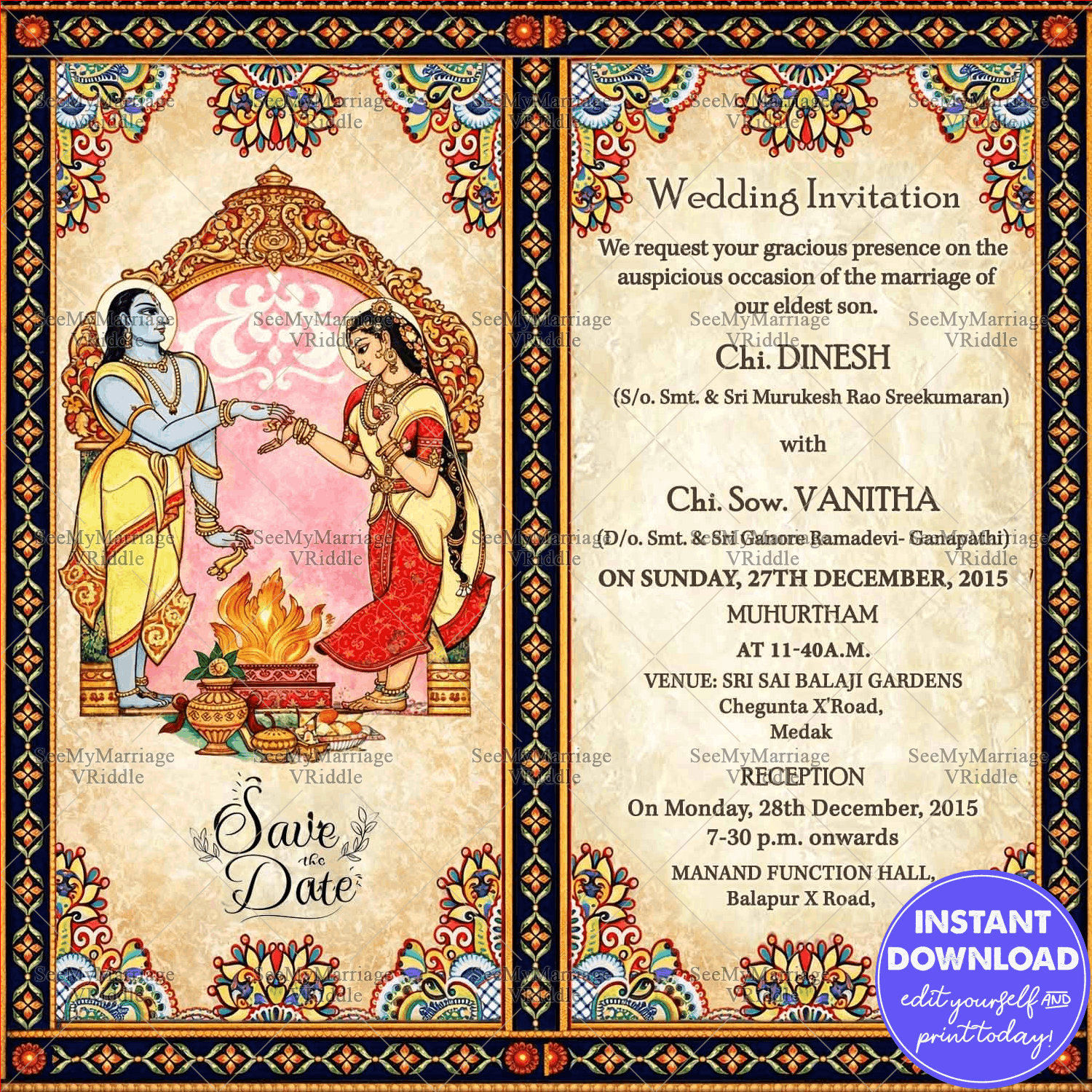 Vintage Radha Krishna Wedding Invitation Card Bapu Bomma Art