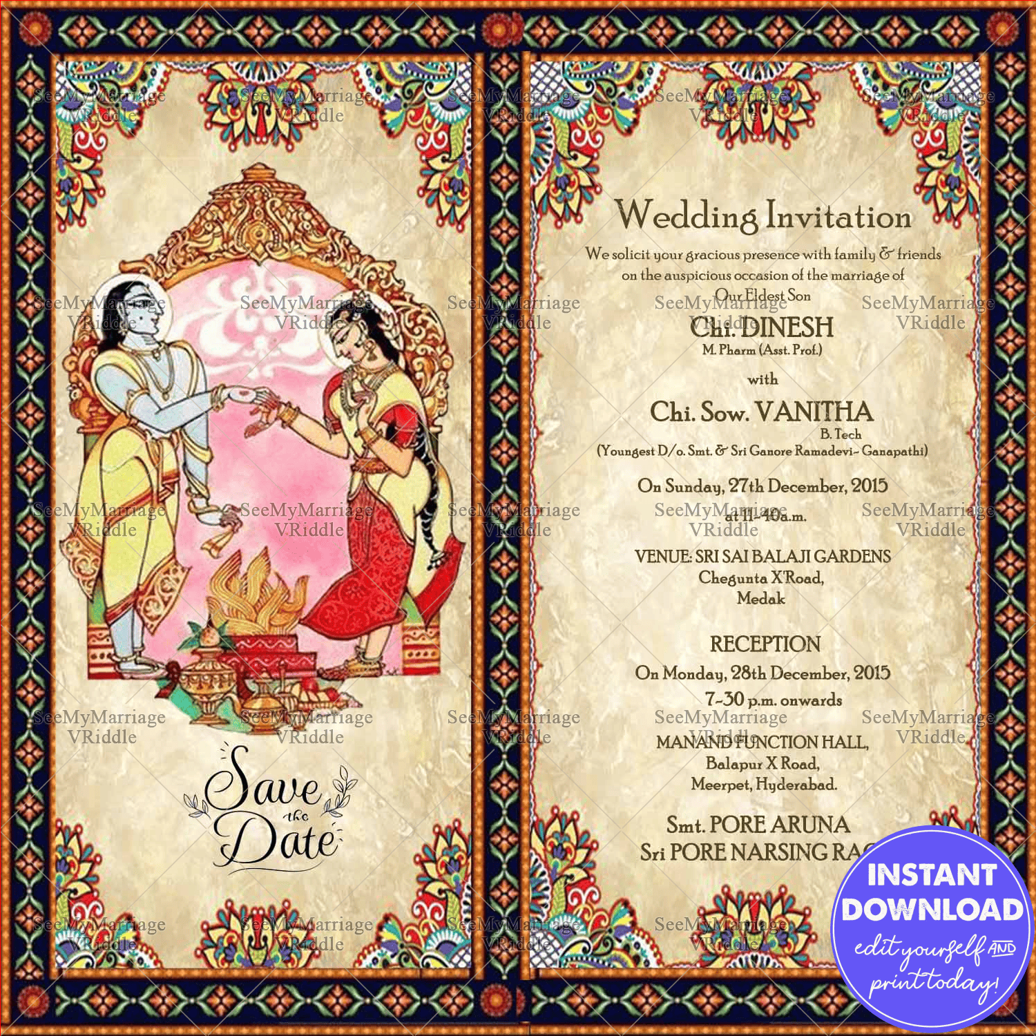 Vintage Radha Krishna Wedding Invitation Card Bapu Bomma Art - Image 3