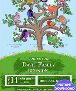 Green Tree Family Reunion Invitation Card Colourful Birdies