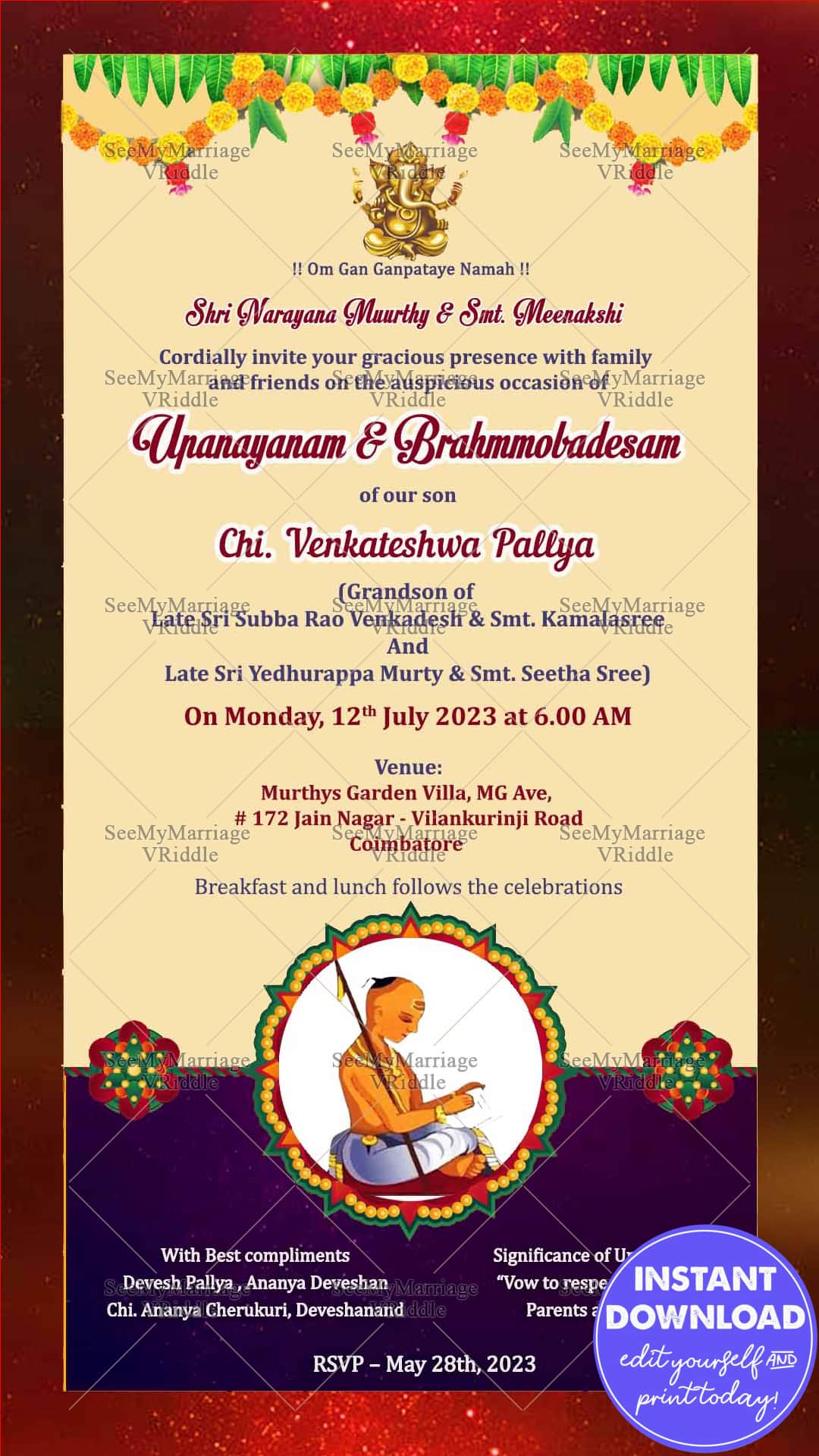 Traditional Upanayanam Ceremony Invitation Card Vedic Boy Illustration