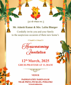 Modern Gruhapravesh Invitation Glittering Cream theme Majestic Parrot