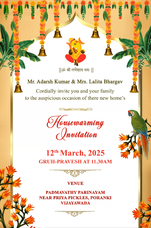 Modern Gruhapravesh Invitation Glittering Cream theme Majestic Parrot