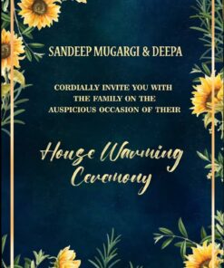 Modern House Warming Invitation Glittering Blue Backdrop Bright Sunflowers