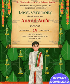 Traditional Boy Grand Dhoti Invitation Card Banana Leaf Background