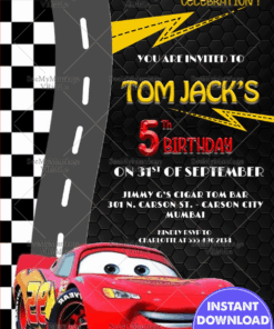 Cars Theme Birthday Invitation Racing Track Lightning McQueen