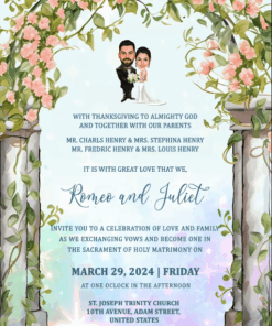 Christian Caricature Save The Date Wedding Invitation Video Pink Floral Bower