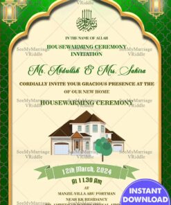 Traditional Muslim Housewarming Invitation Card Persian Lamps Green Theme