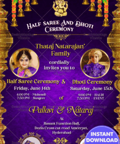 Indigo Half Saree Dhoti Invitation Card Add Photo Grand Golden Pillars