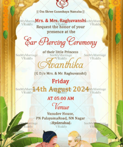 Traditional Temple Theme Ear Piercing Ceremony Invitation Card Illustrated Ritual