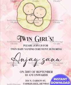 Twin Girls Naming Ceremony Invitation Card Pink florals