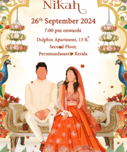 Radiant Nikah Invitation with Couple Caricatures - White and Orange theme