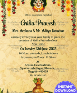 Traditional Sandal color theme  Housewarming Invitation with red rose hangings
