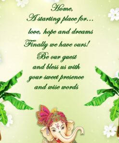 Sacred Abode: Gruhapravesam Celebration Invitation with Family Caricature and New Home background