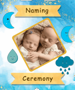Celestial Blessings: Twins Naming Ceremony Invitation with baby pictures