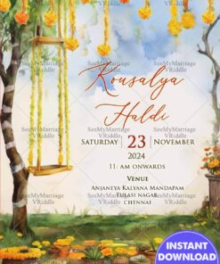 Nature Themed Haldi Invitation with Hanging Marigold and Swing