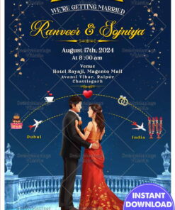 Wedding Invitation Card with Romantic Couple and Night Star Sky Background