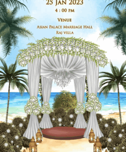 Seaside - Digital Beach, Peacock and scroll theme Wedding Invitation with Haldi, Sangeeth, Greek Lunch, Wedding events