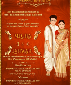 Red and Gold Theme South Indian Wedding Invitation with couple caricatures