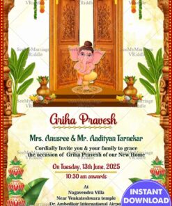 Little Ganesha Theme Housewarming Invitation Card In Cream Color