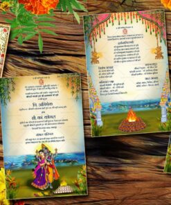 Traditional Radha Krishna Theme Wedding Invitation Card In Cream Color