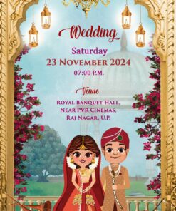Vibrant North Indian Wedding Invitation with peacocks and arches, couple caricature
