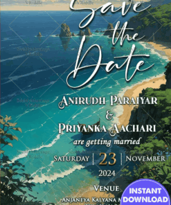 Beach Save the Date Invitation in Blue and Sea green hues with Mountains backdrop